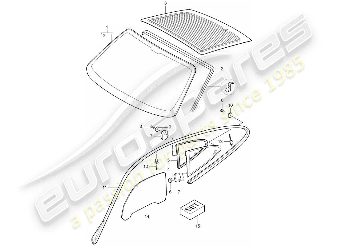 porsche 997 gt3 (2009) window glazing part diagram