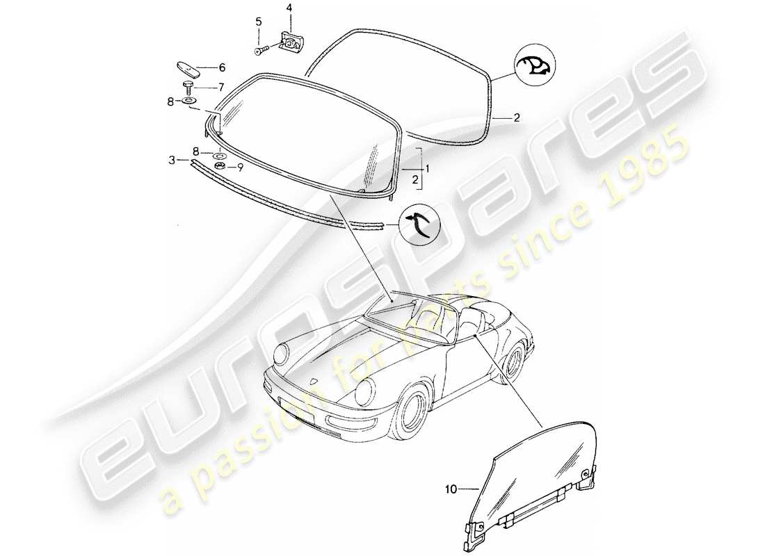 porsche 964 (1991) window glazing part diagram