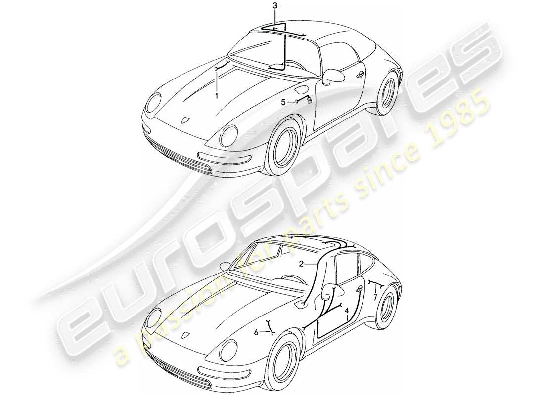 porsche 993 (1994) wiring harnesses - luggage compartment lamp - sunroof - convertible top control - driver's door - passenger's door - turn signal repeater - anti-locking brake syst. -abs- part diagram