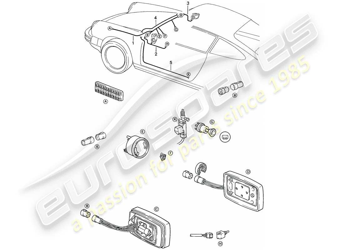 porsche 911 (1986) wiring harnesses - rear view mirror - electrically adjustable - central locking system part diagram