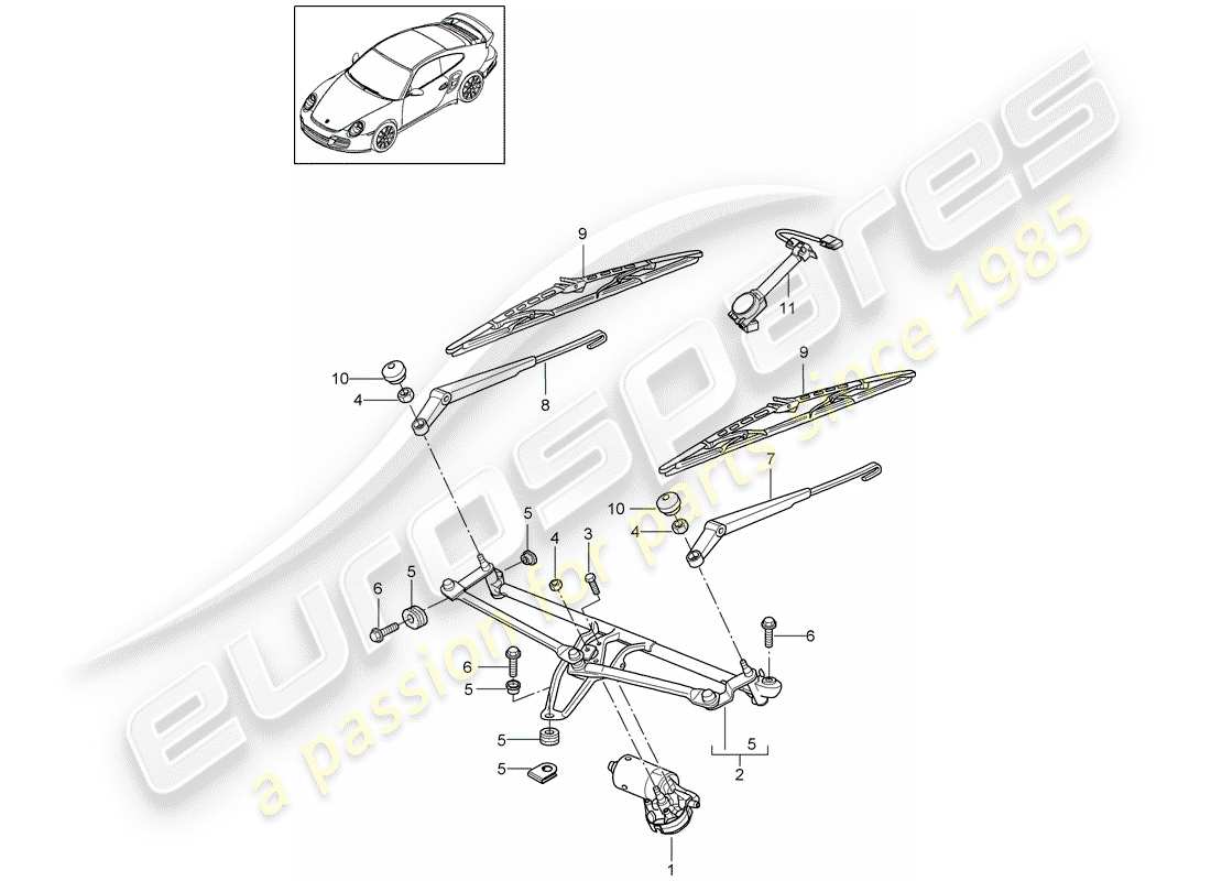 porsche 911 t/gt2rs (2013) windshield wiper system compl. part diagram