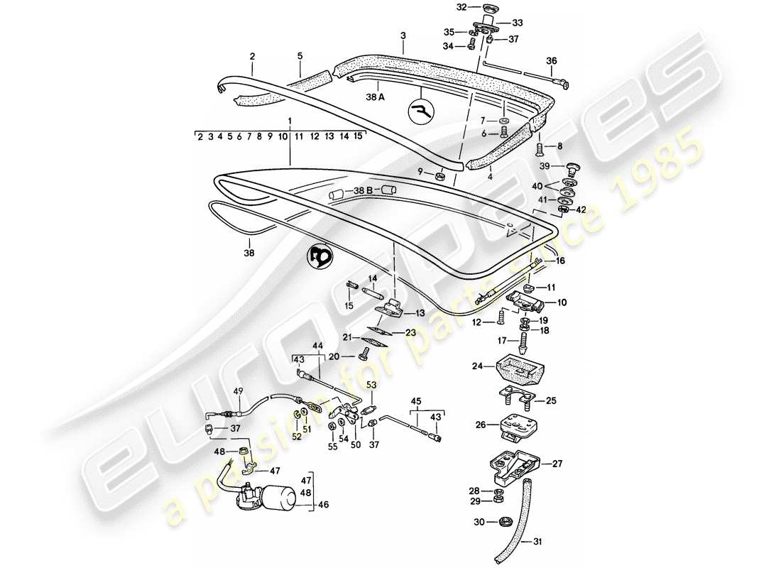 porsche 944 (1982) rear trunk lid - with: - rear window glass - rear spoiler part diagram