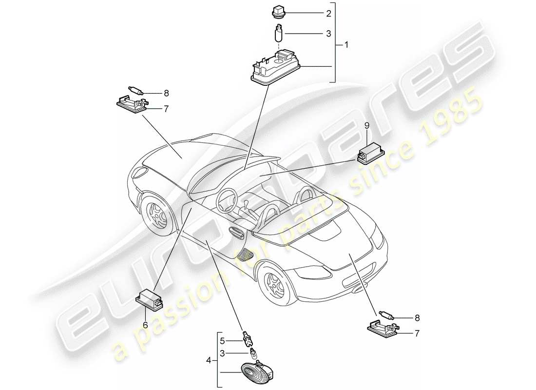 porsche boxster 987 (2009) interior lights part diagram