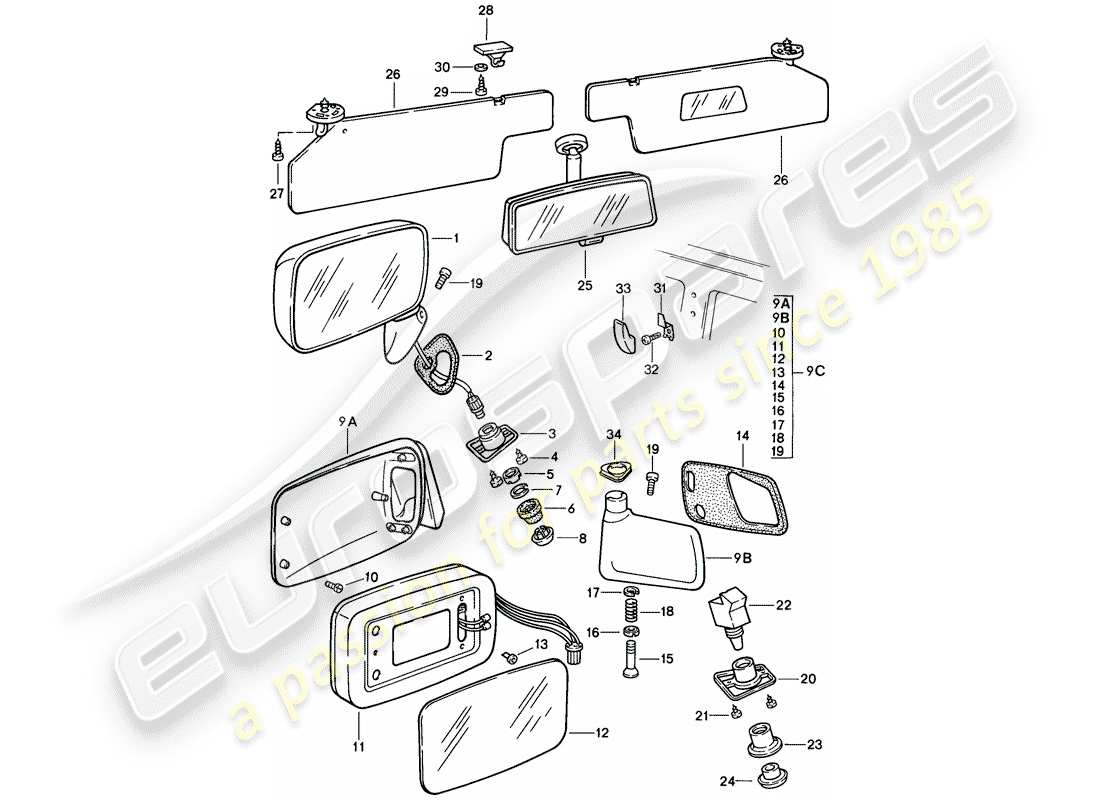 porsche 924s (1986) rear-view mirror - sun vizor part diagram