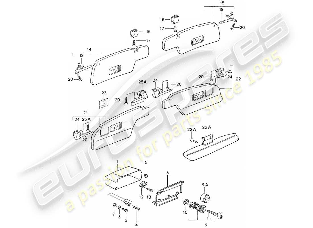 porsche 964 (1992) glove box - for cars without - airbag - sun vizors part diagram