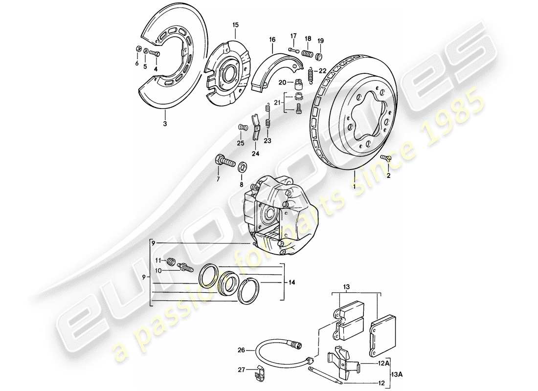 porsche 911 (1986) disc brakes - rear axle part diagram