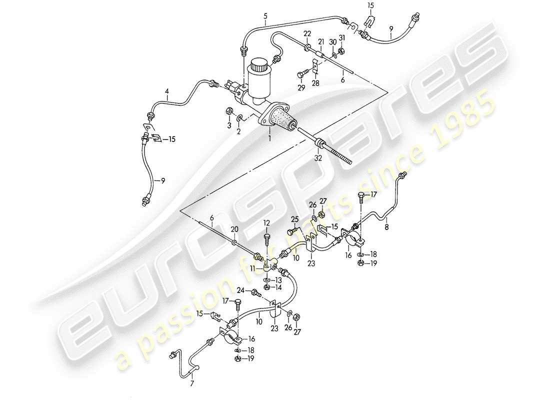 porsche 356/356a (1954) brake master cylinder - and - brake lines part diagram