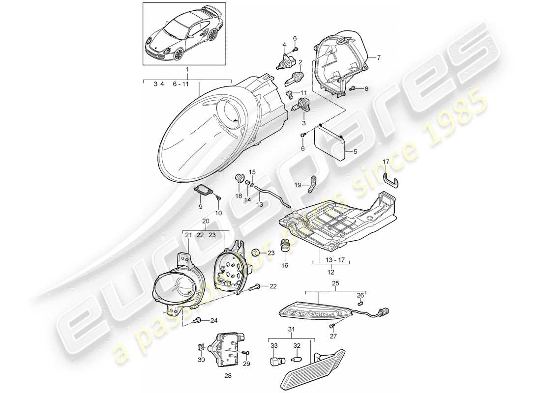 porsche 911 t/gt2rs (2011) headlamp part diagram