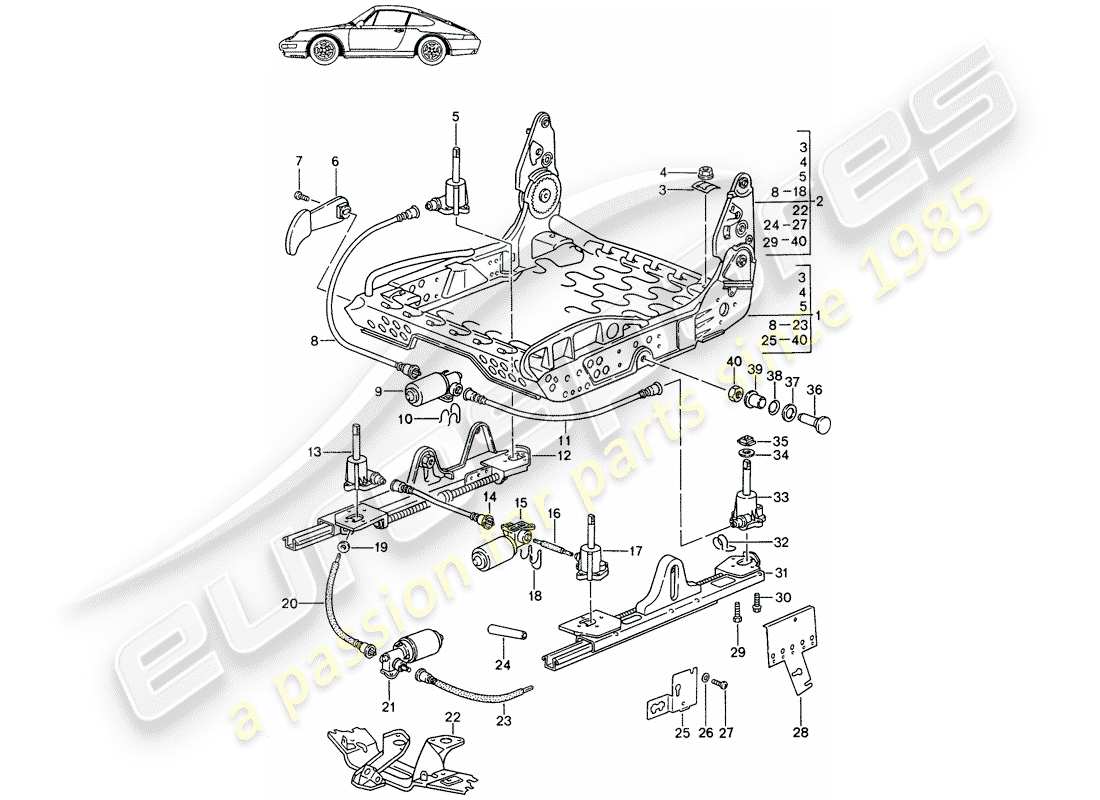 porsche seat 944/968/911/928 (1985) frame for seat - for - comfort seat - and - standard seat - with: - elect. vertical adjustment - d - mj 1994>> - mj 1998 part diagram