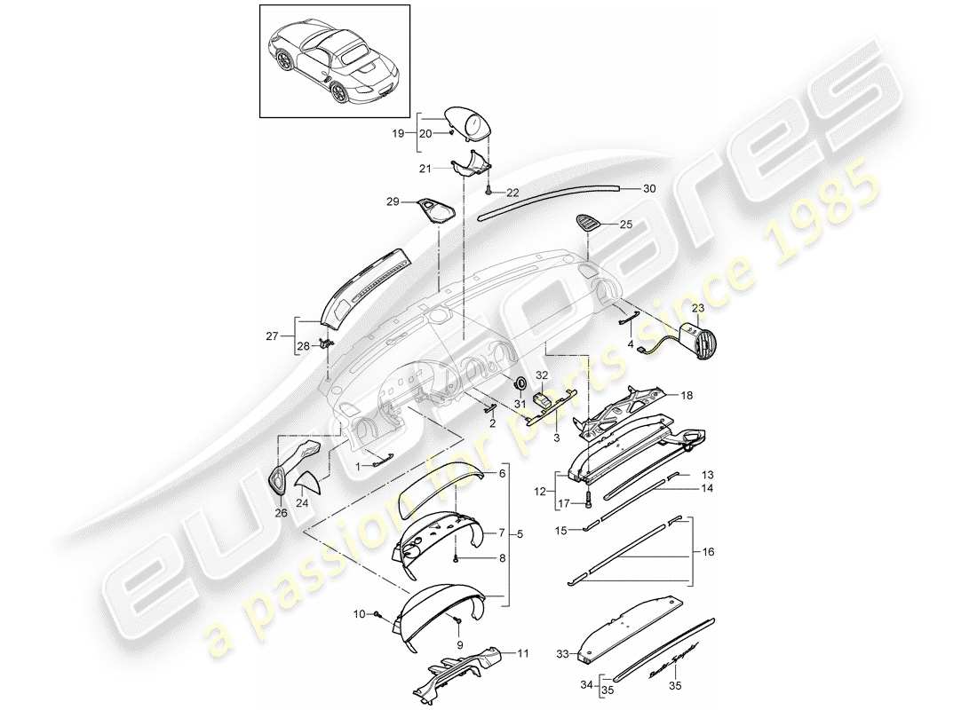 porsche boxster 987 (2009) dash panel trim part diagram