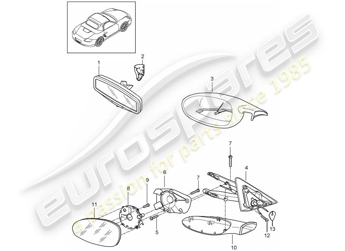 porsche boxster 987 (2009) rear view mirror inner part diagram