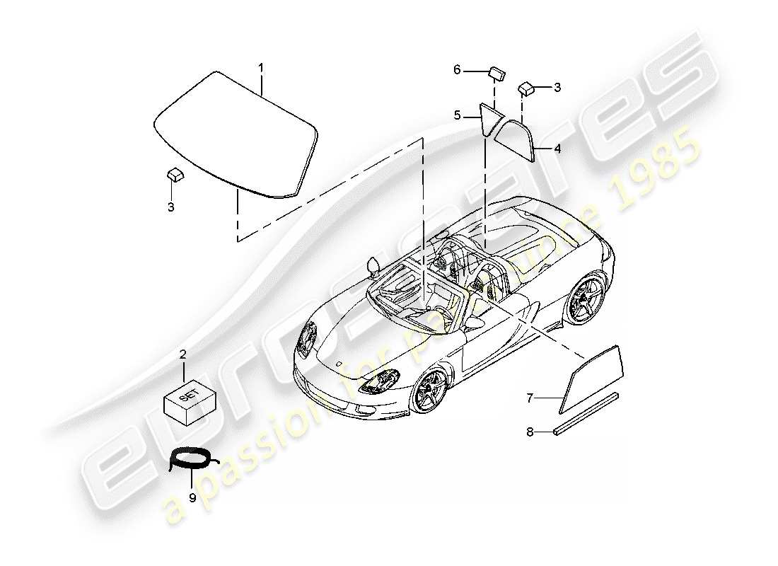 porsche carrera gt (2006) window glazing part diagram