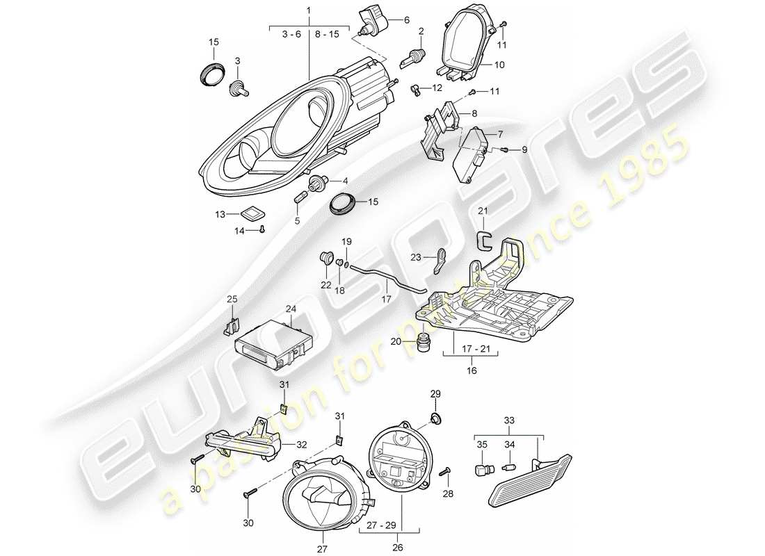 porsche cayman 987 (2011) headlamp part diagram