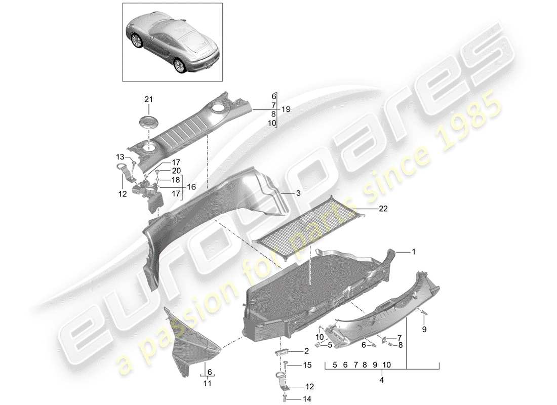 porsche cayman 981 (2014) luggage compartment part diagram