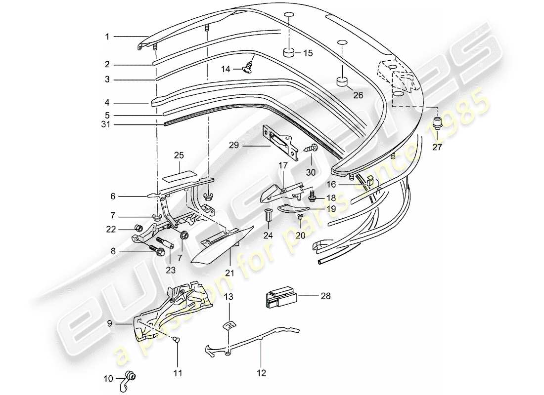 porsche 996 t/gt2 (2003) top stowage box - cover - gaskets part diagram