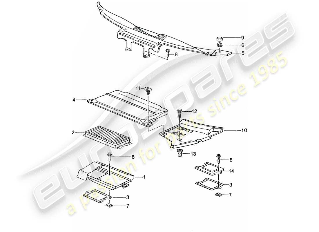 porsche boxster 986 (1998) dust and pollen filter element - covers - cowl part diagram