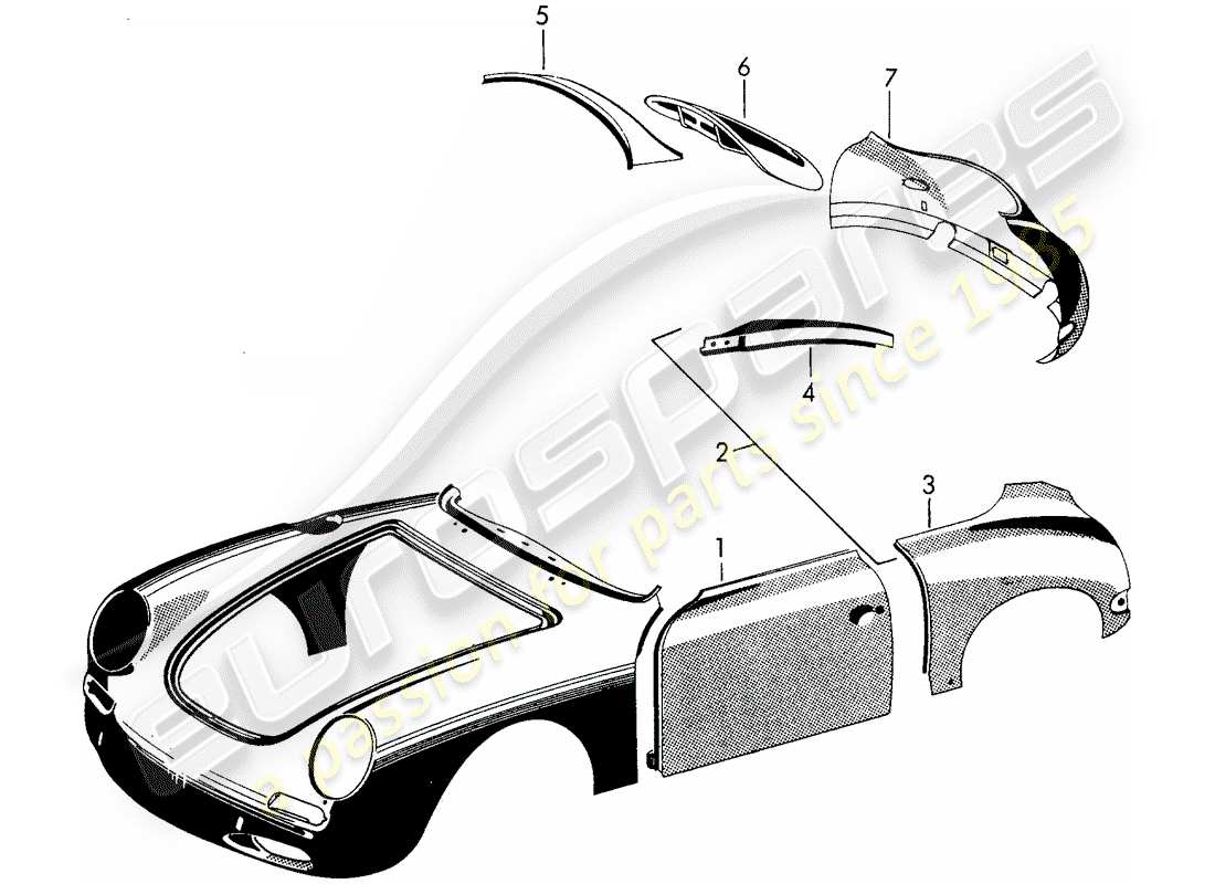 porsche 356b/356c (1965) exterior panelling - fender part diagram