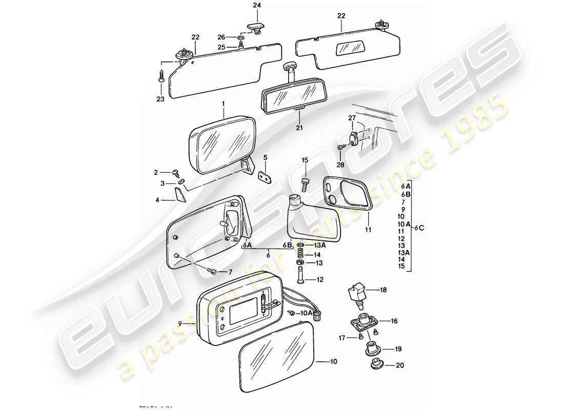 porsche 924 (1976) rear view mirror - rear view mirror inner - sun vizor part diagram