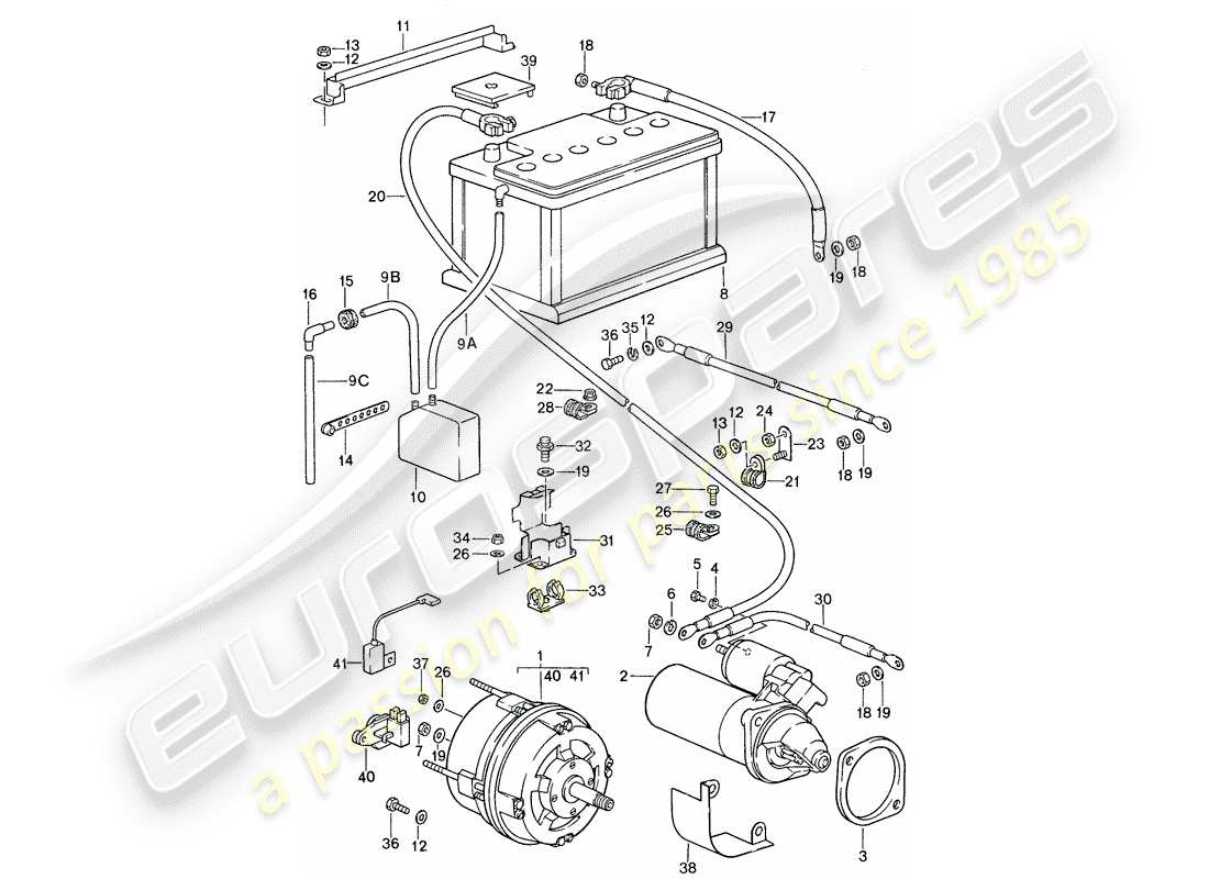 porsche 959 (1987) alternator - starter - battery part diagram