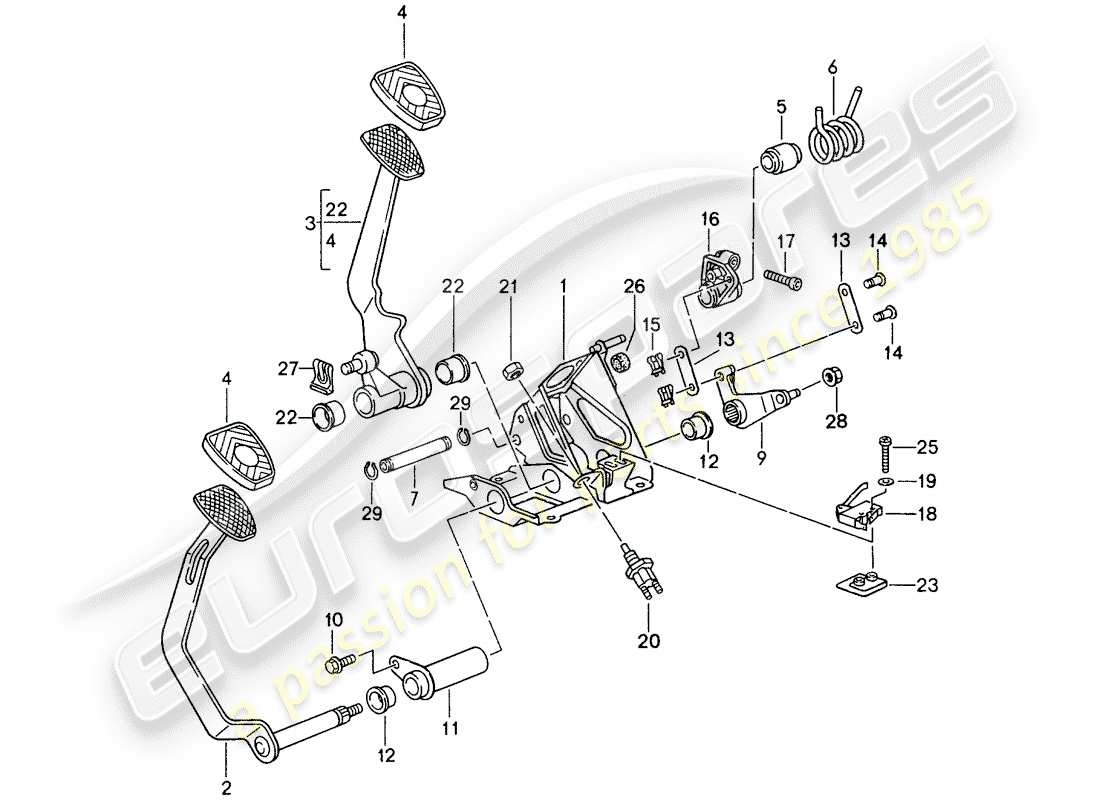 porsche 993 (1994) pedals - manual gearbox part diagram