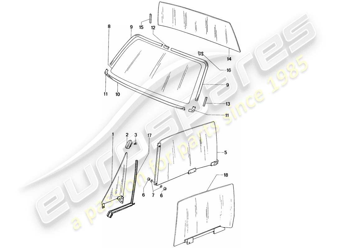 porsche 914 (1970) window glasses part diagram