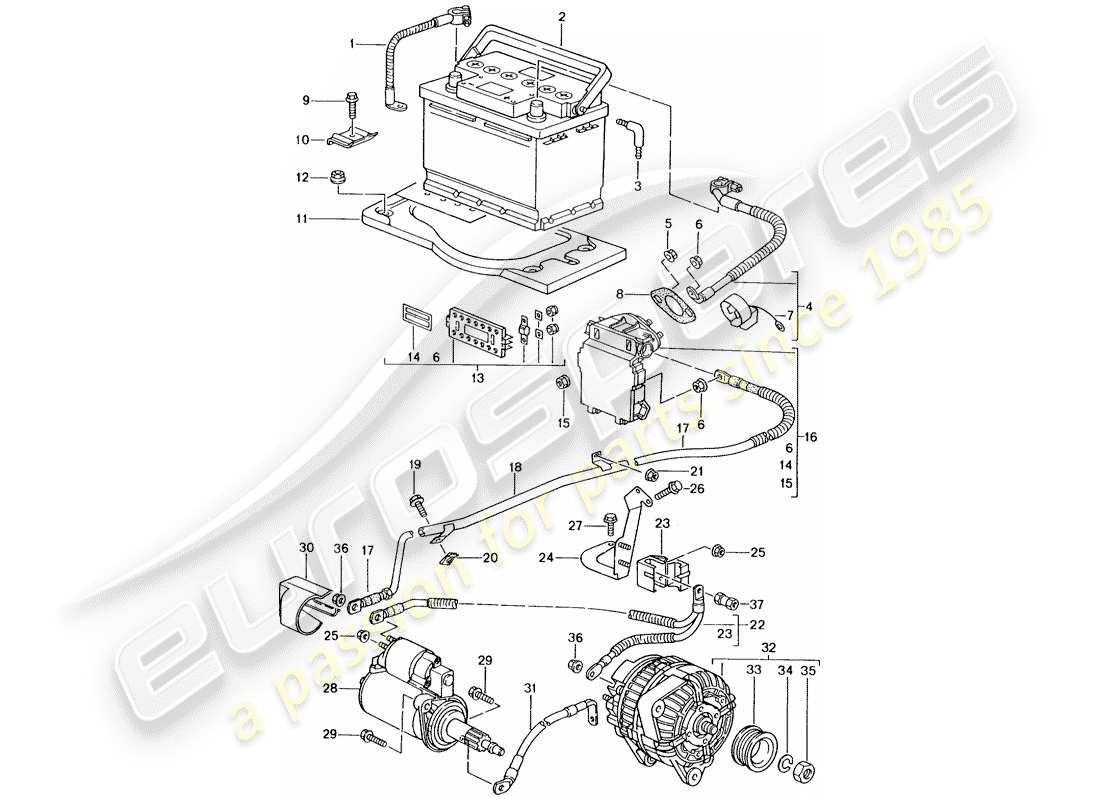 porsche 996 gt3 (2003) battery - junction box - starter - alternator - main battery switch part diagram