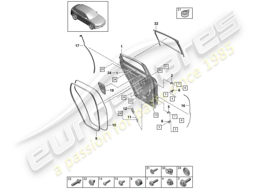 porsche cayenne e3 (2018) door shell part diagram