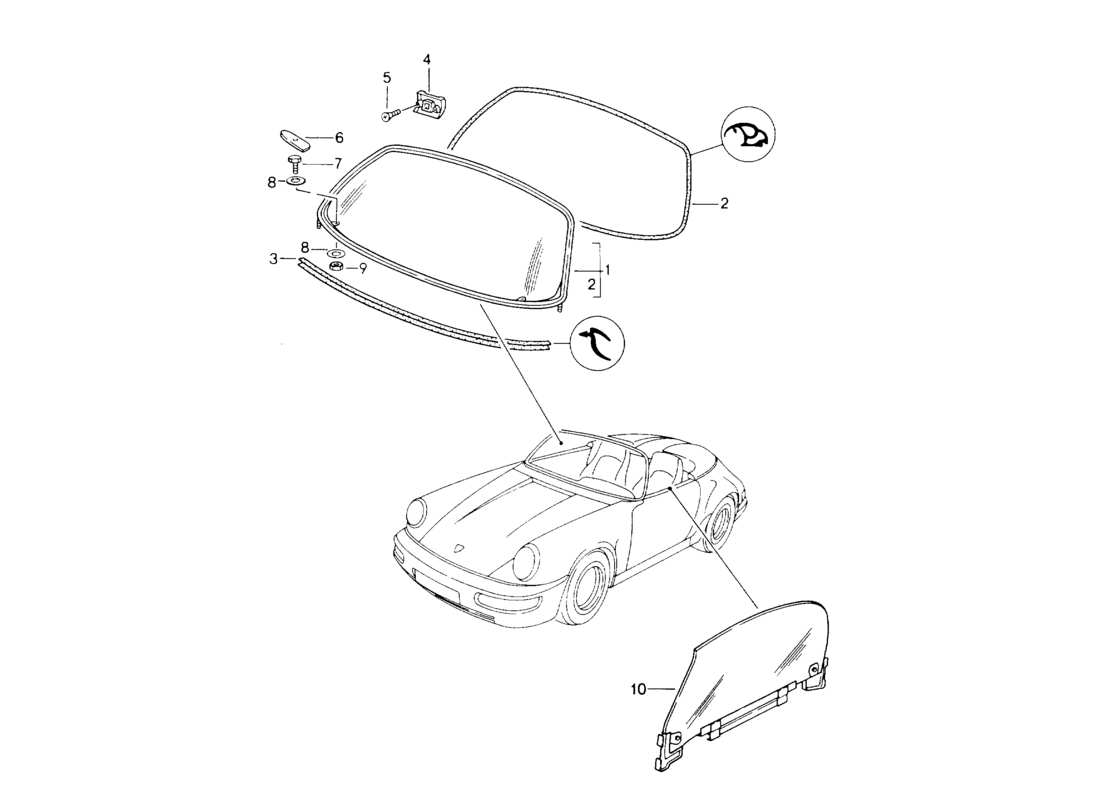 porsche 964 (1994) window glazing part diagram