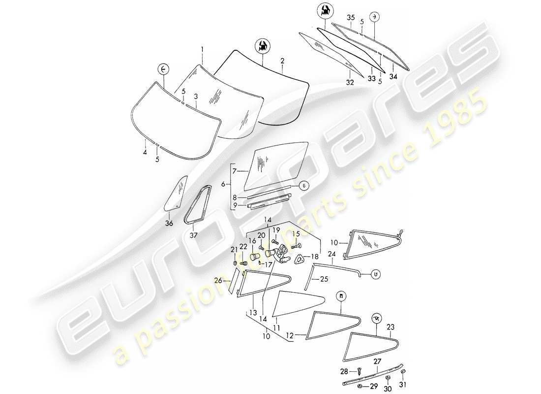 porsche 911/912 (1967) window glazing - d - mj 1969>> part diagram