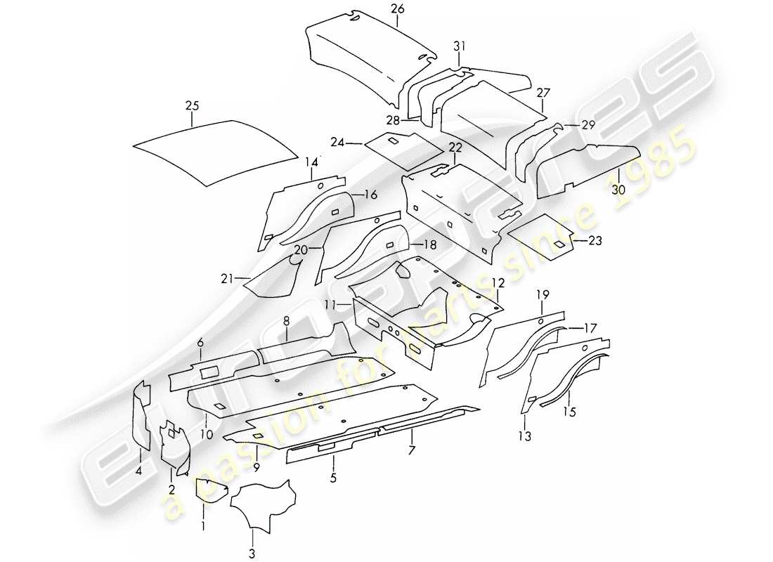 porsche 911/912 (1965) body shell - sound absorber part diagram