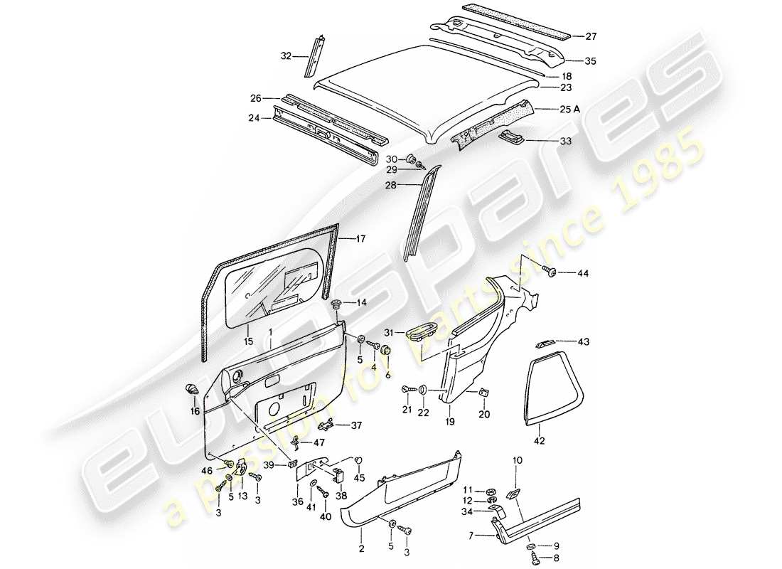 porsche 968 (1992) door panel - roof trim panel part diagram