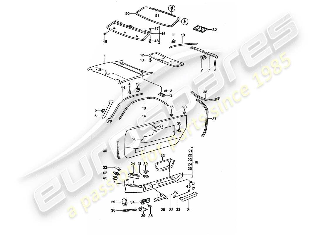 porsche 928 (1995) door panel - roof trim panel part diagram