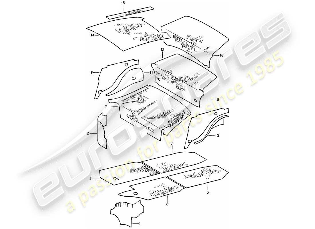 porsche 911 (1985) body shell - sound absorbers part diagram