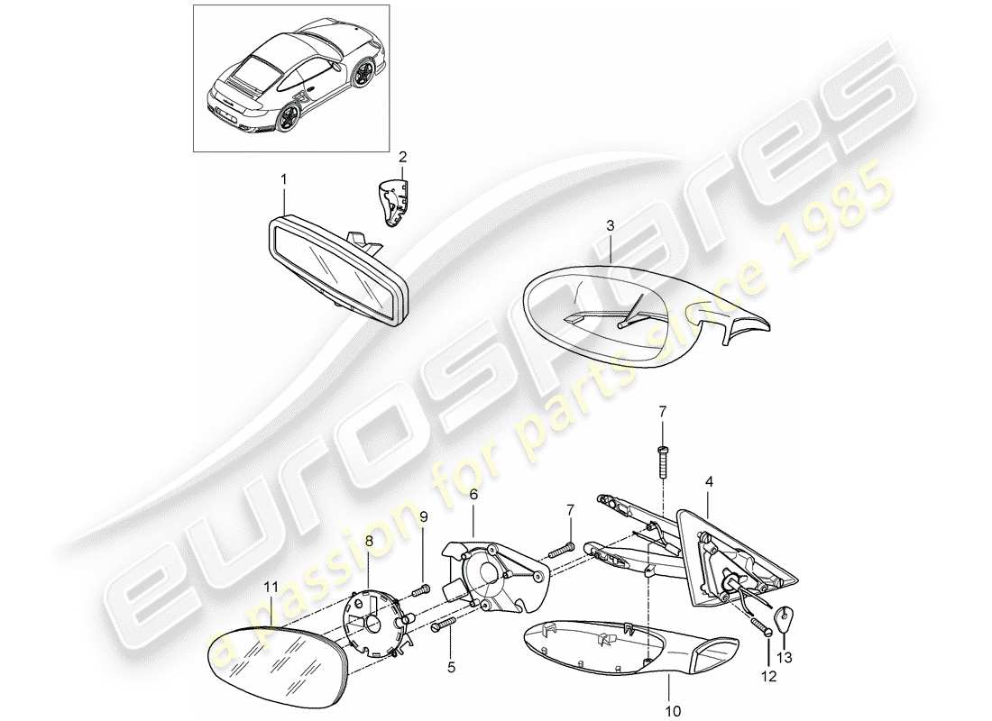 porsche 997 t/gt2 (2009) rear view mirror inner part diagram