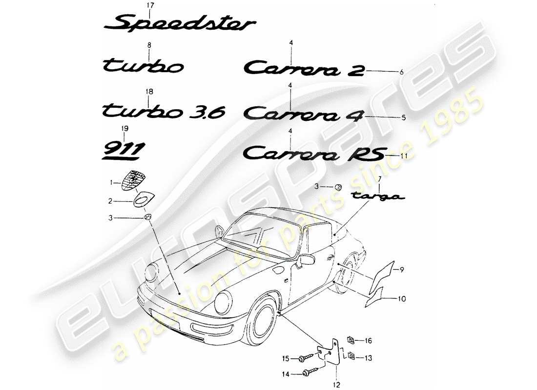 porsche 964 (1989) nameplates - stone protection foil part diagram