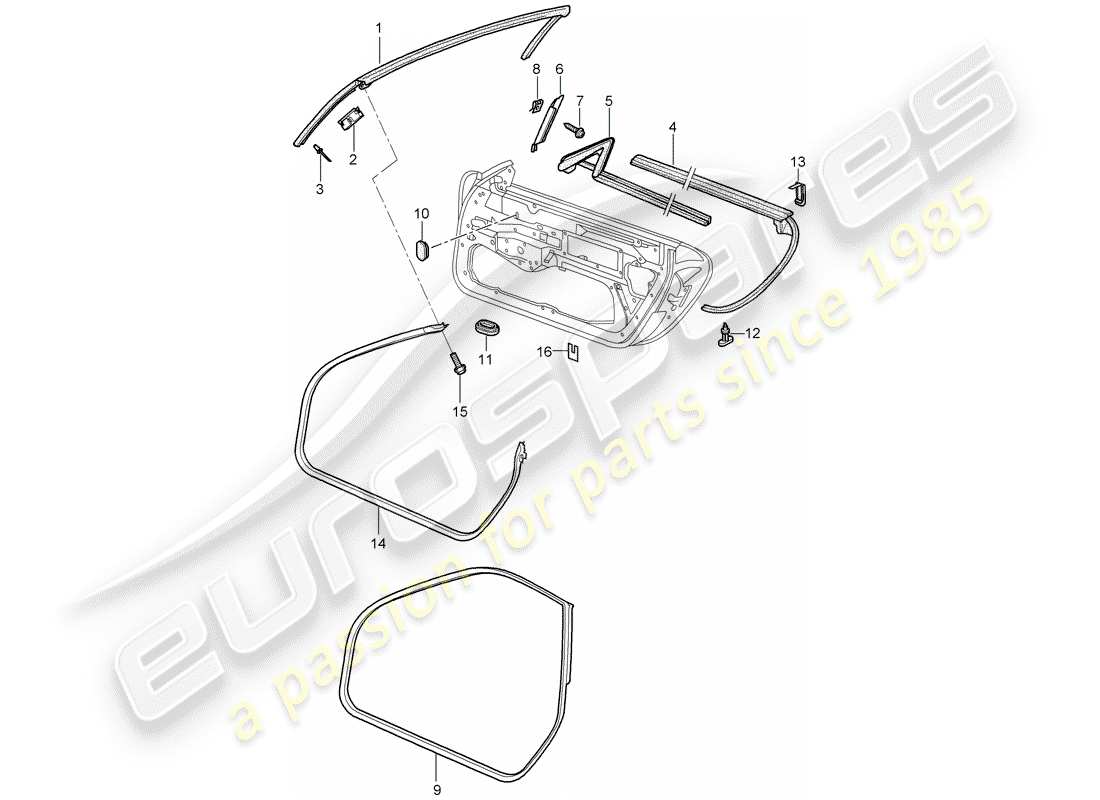 porsche 996 t/gt2 (2001) door seal - gasket - windshield frame part diagram