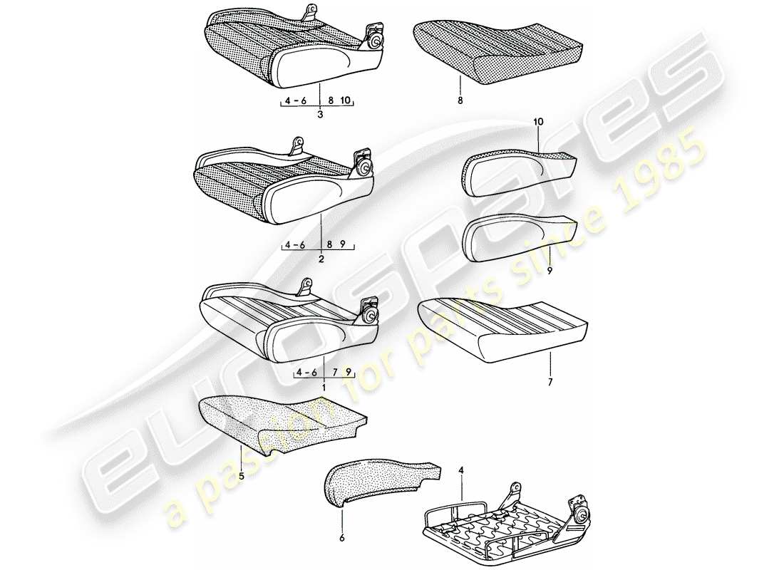 porsche 911 (1984) sports seat - cushion - single parts - d >> - mj 1984 part diagram