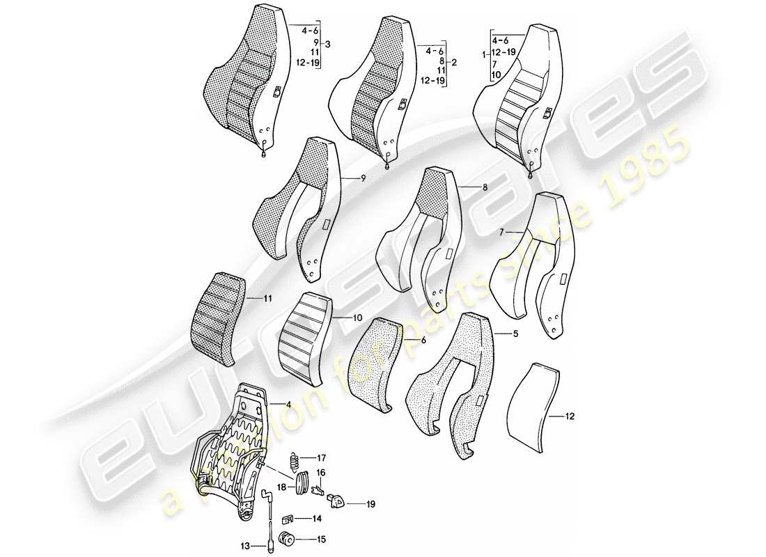 porsche 911 (1984) sports seat - backrest - single parts - d >> - mj 1984 part diagram