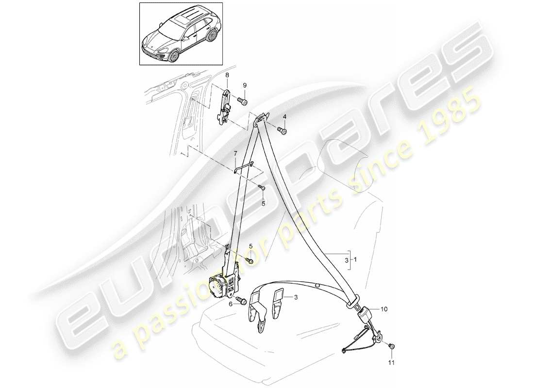 porsche cayenne e2 (2017) three-point seat belt part diagram