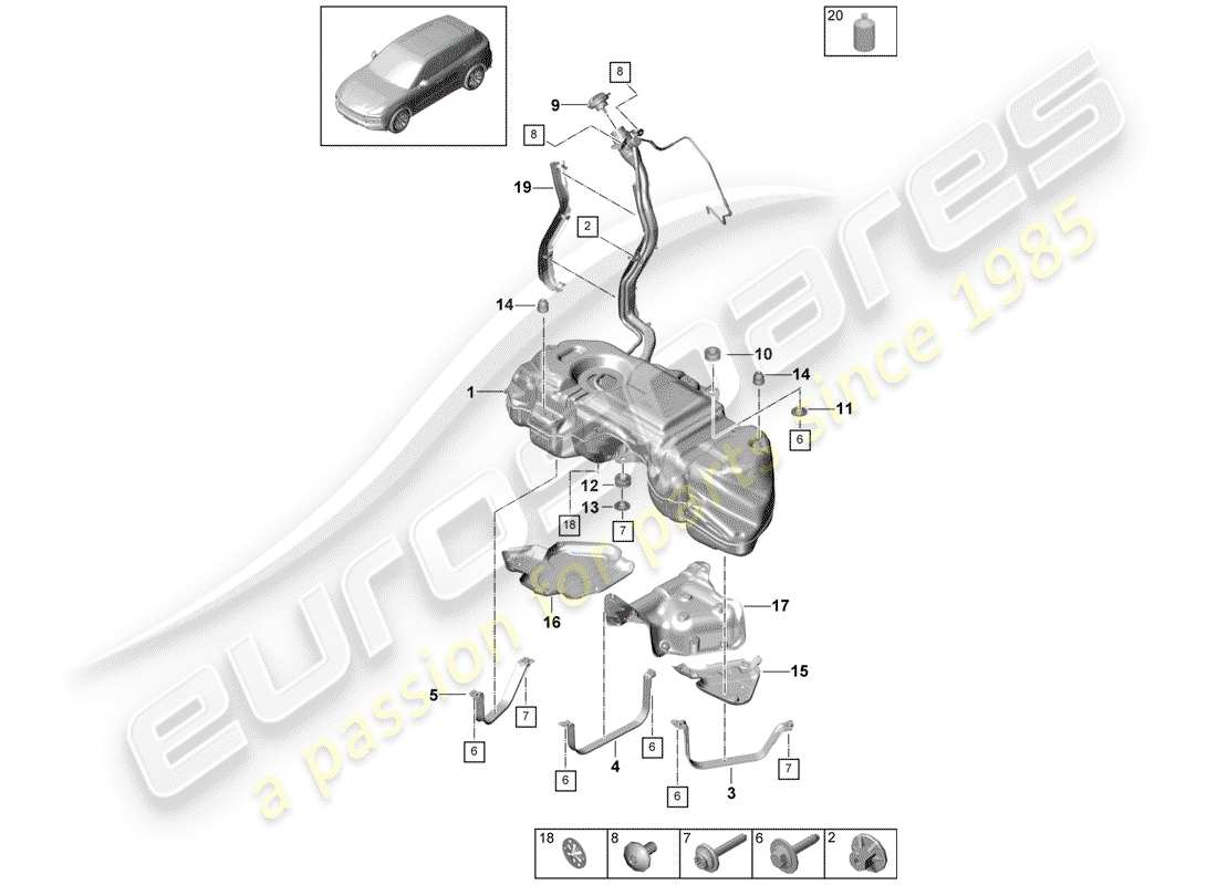 porsche cayenne e3 (2020) fuel tank with part diagram