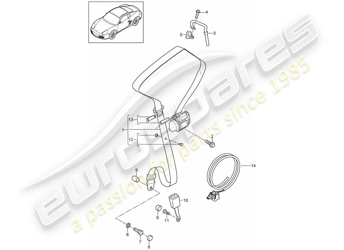 porsche cayman 987 (2011) three-point seat belt part diagram