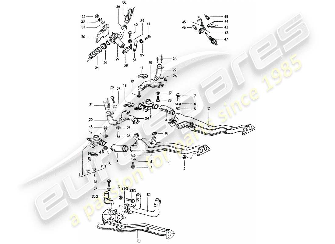 porsche 914 (1973) exhaust system - heater core part diagram