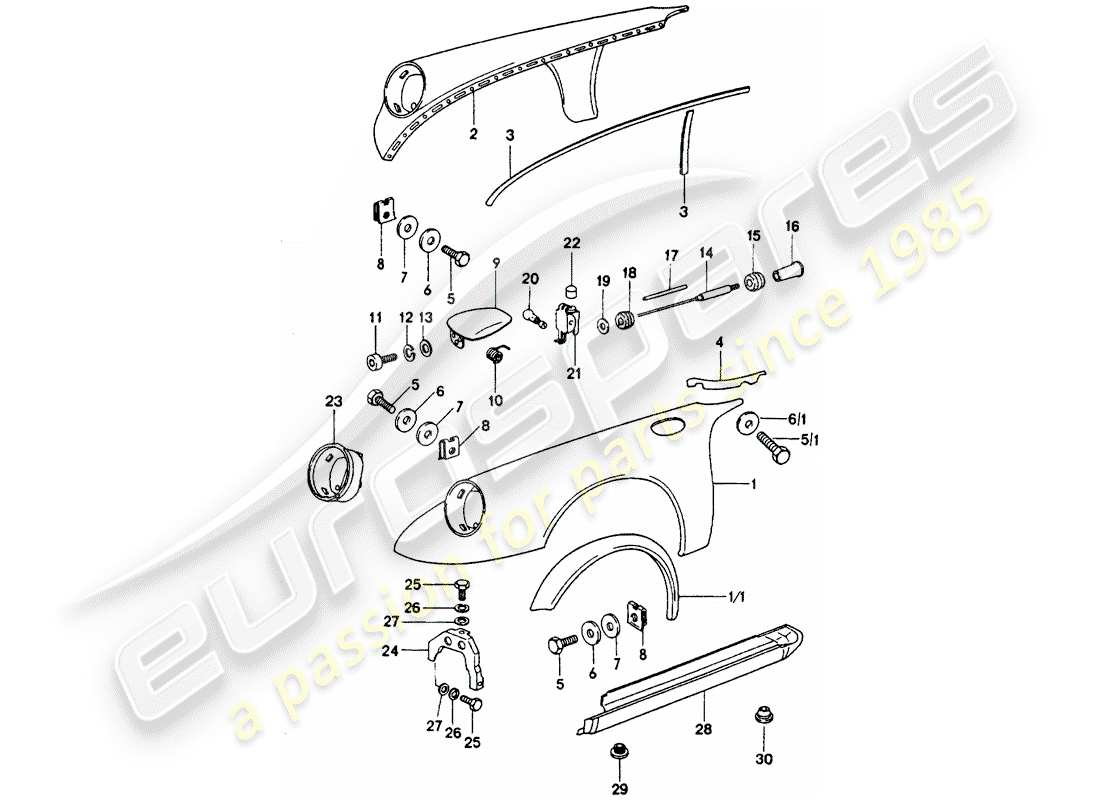 porsche 911 turbo (1975) exterior panelling parts diagram