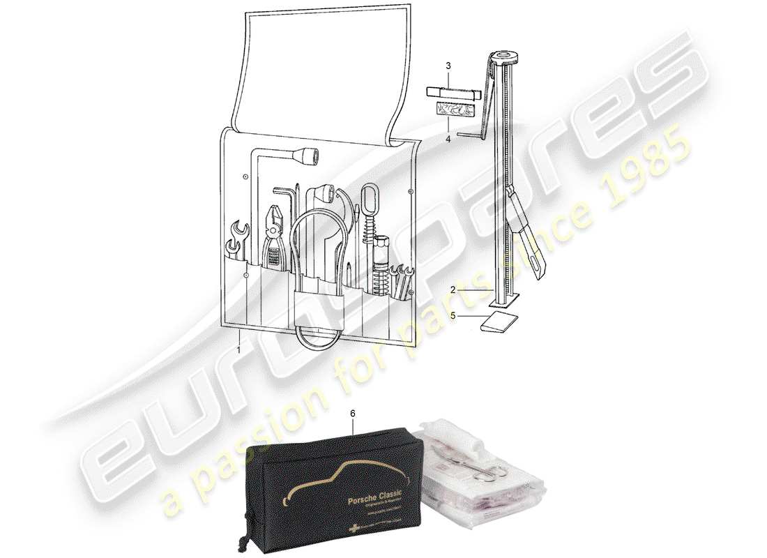 porsche 911 (1974) tool - jack - first aid kit part diagram