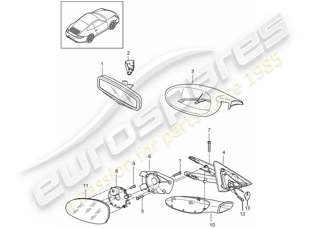 porsche 997 gen. 2 (2011) rear view mirror inner part diagram