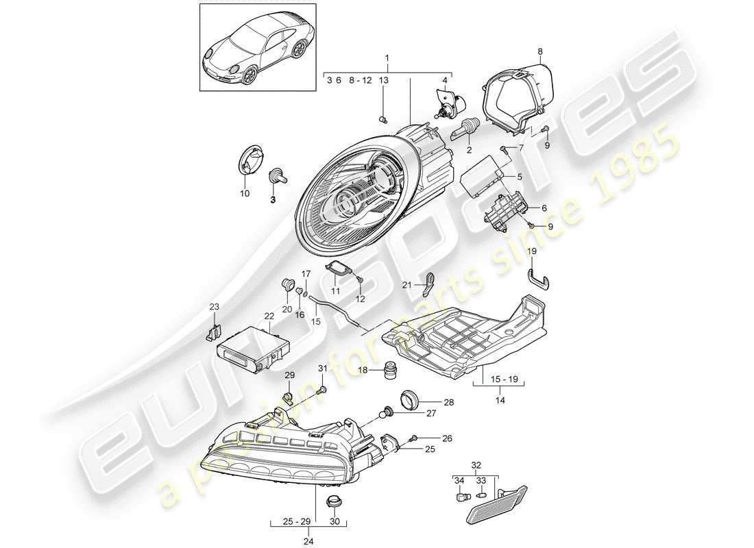 porsche 997 gen. 2 (2010) headlamp part diagram