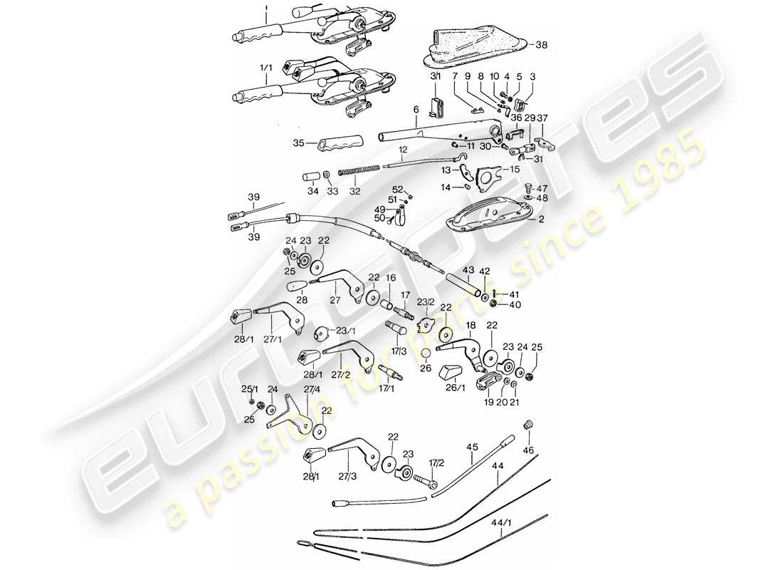 porsche 911 (1976) operating lever - handbrake - manual throttle part diagram