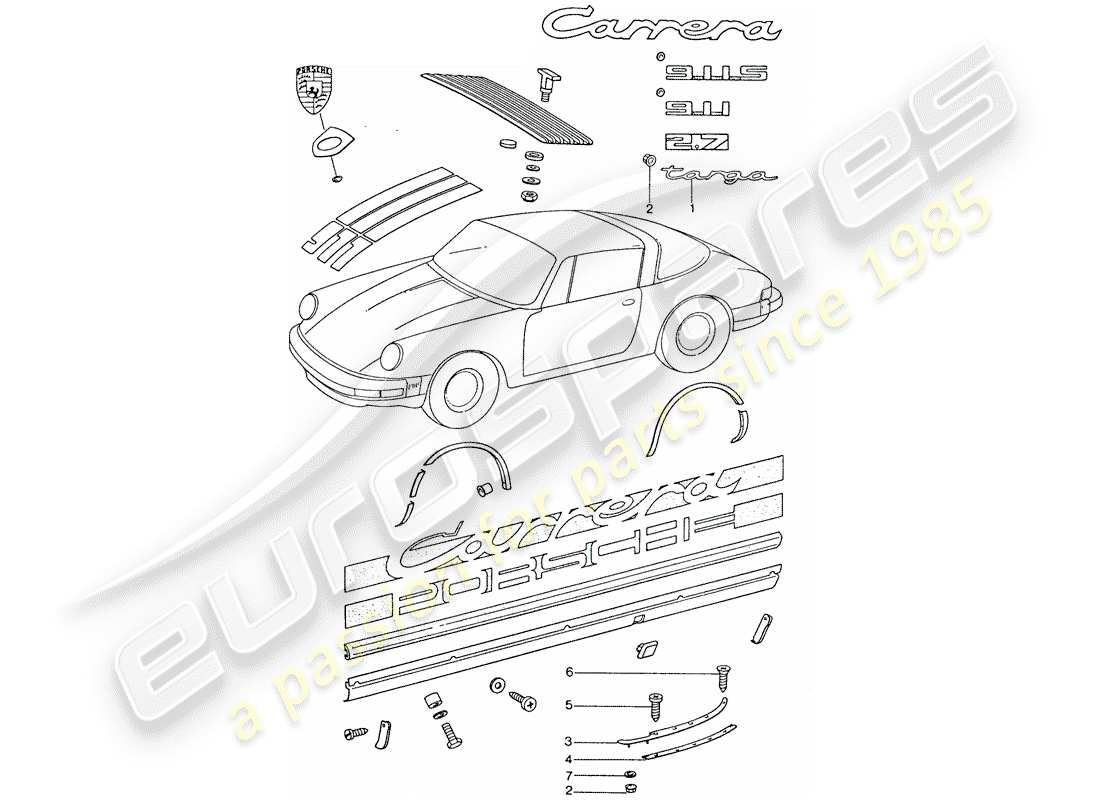 porsche 911 (1974) decorative fittings part diagram