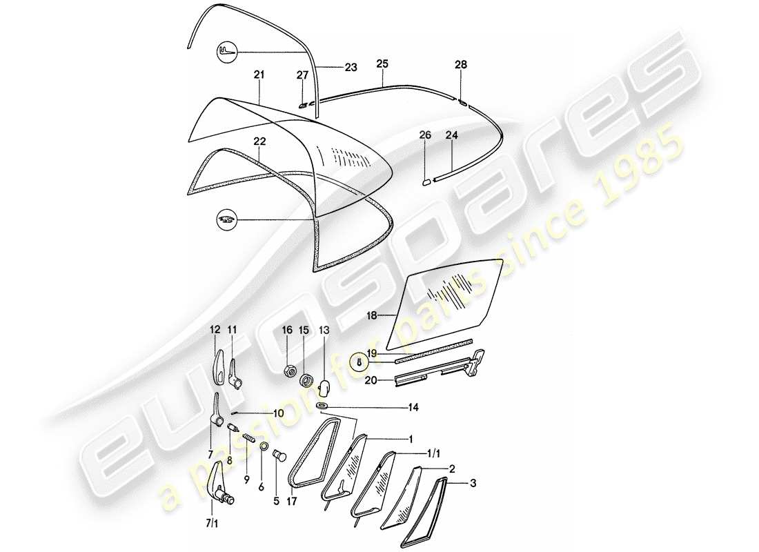 porsche 911 (1974) window glazing part diagram