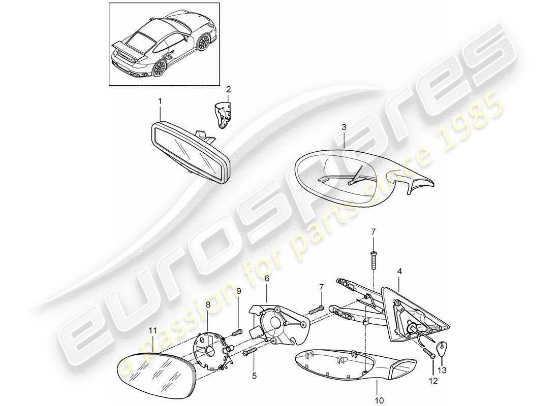 porsche 997 gt3 (2008) rear view mirror inner part diagram